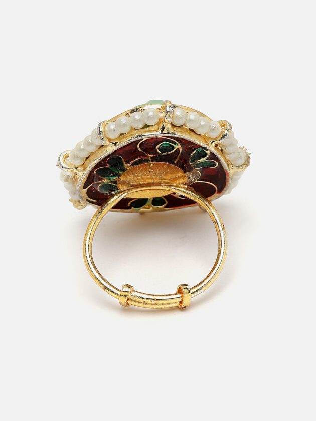 Green & Cream Adjustable Ring with Kundan & Pearls
