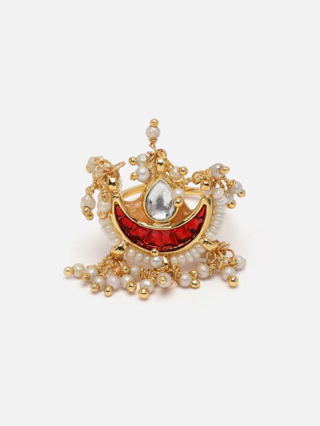 Red & Cream Adjustable Ring with Kundan & Pearls