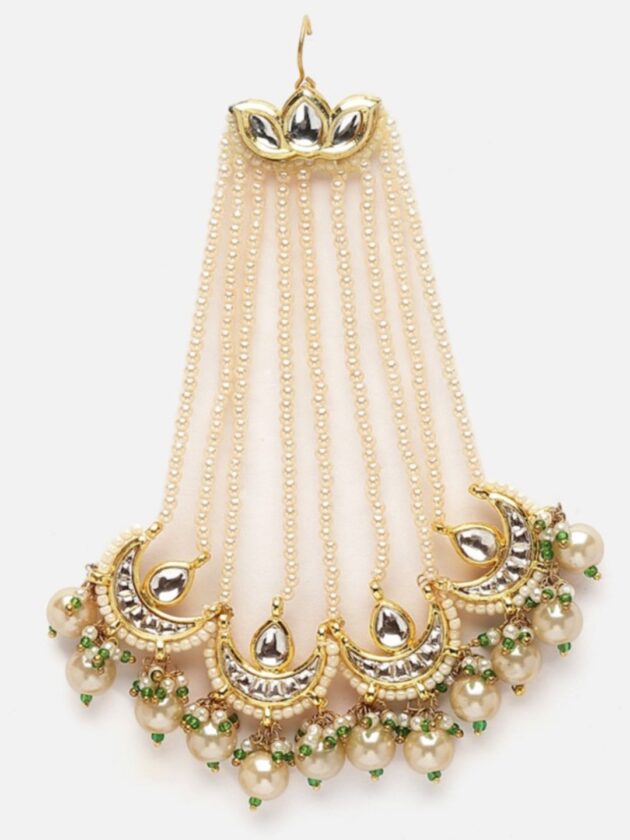Cream & Green Passa Head Jewellery with Kundan & Pearls