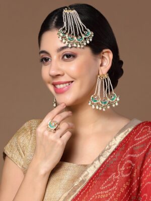 Green & Cream Passa Head Jewellery with Kundan & Pearls