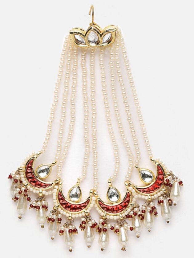 Red & Cream Passa Head Jewellery with Kundan & Pearls