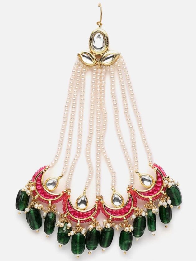 Pink & Green Passa Head Jewellery with Kundan & Pearls
