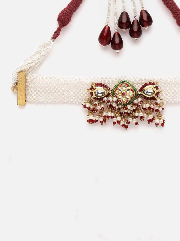 Red & Green Chokar Necklace with Kundan & Pearls